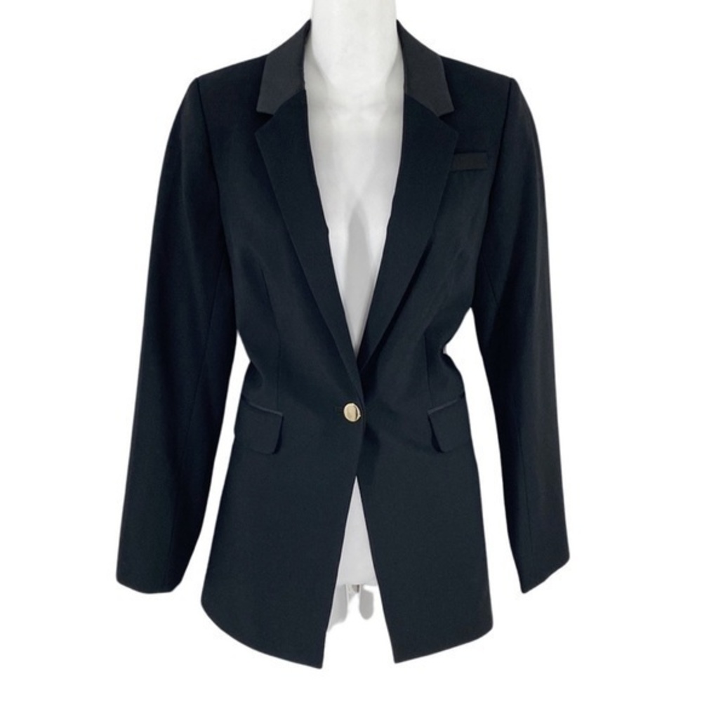 Calvin Klein black satin collar gold one button blazer jacket 4P 4 petite